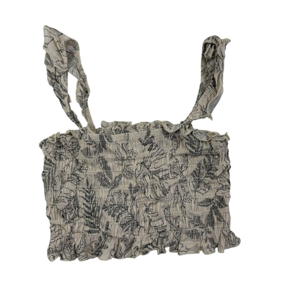 NEW Paper Crane Smocked Cropped Top Women XS Tan Green Leaf Print Ruffled Strap